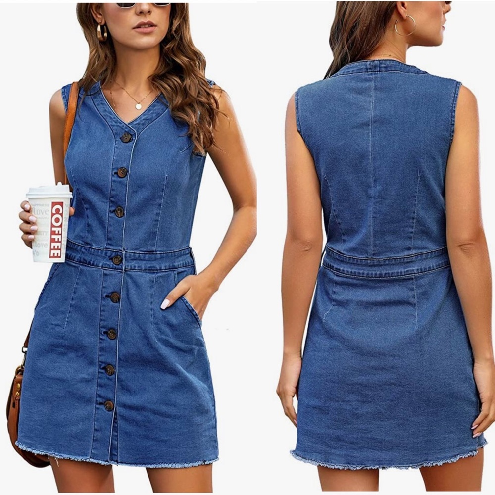 Denim V Neck Sleeveless Jeans Button Down Short Dress